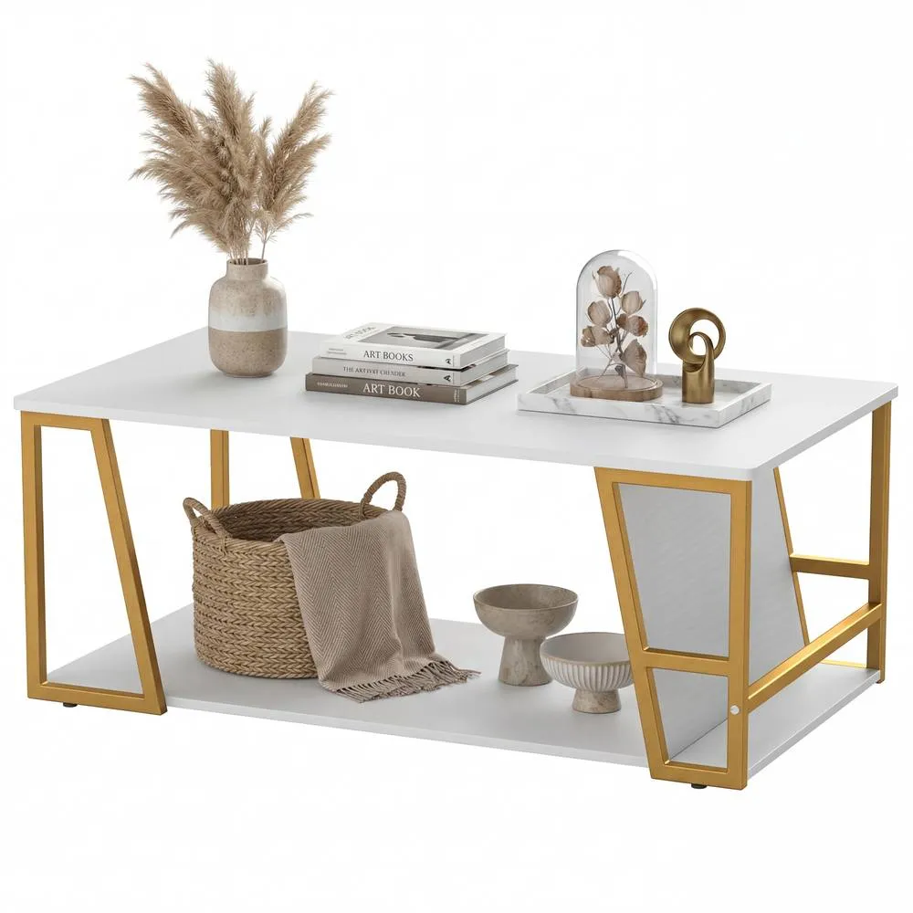 Costway Rectangle Coffee Table 2-tier Cocktail Center Accent Table w/ Shelf 2