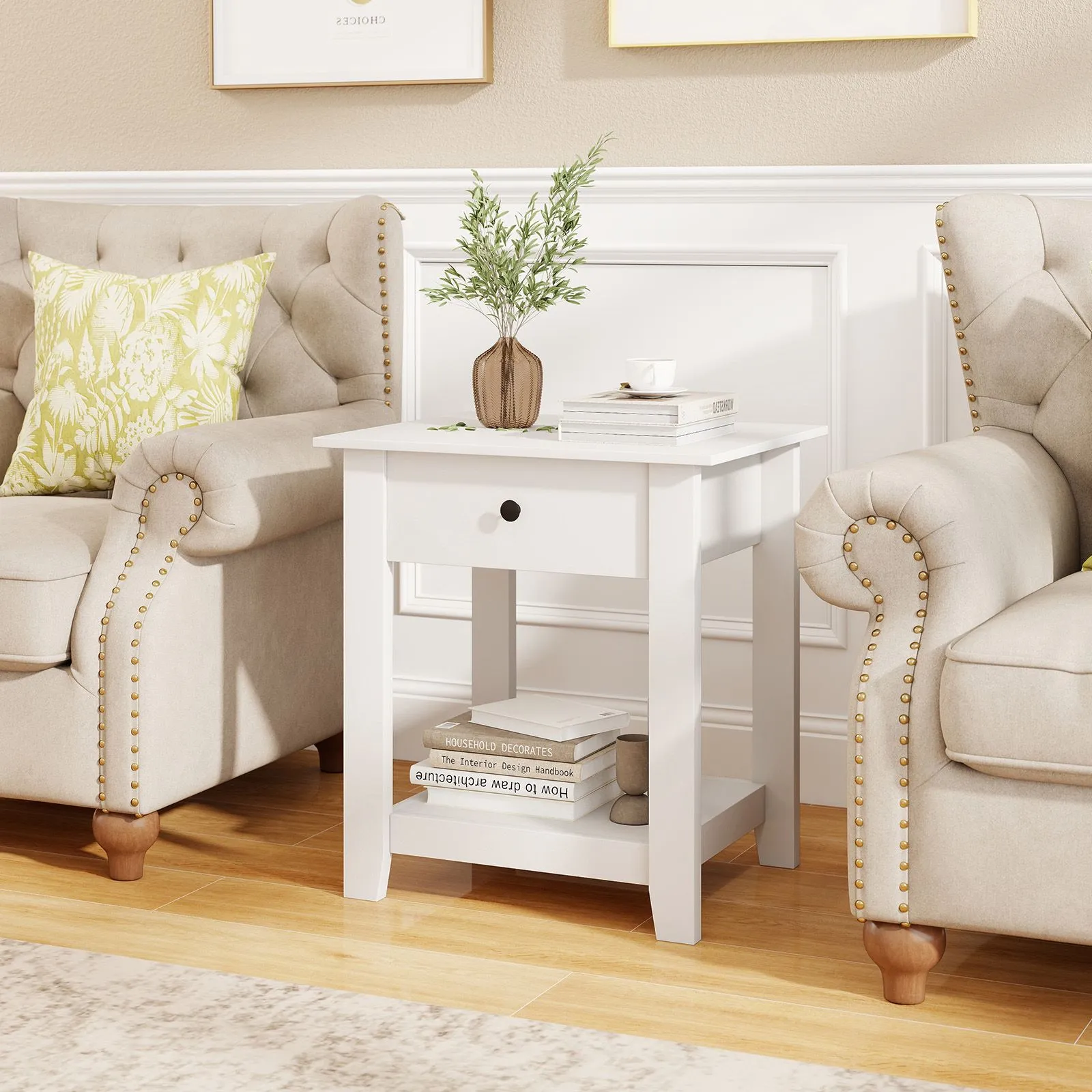 Costway 3-Tier Modern Bedside Table Wooden Nightstand with Drawer in White 4