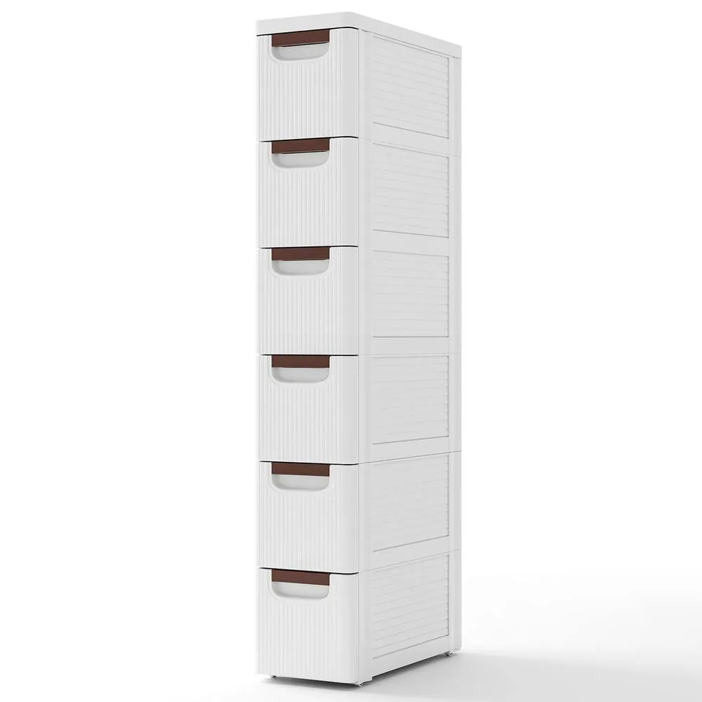 Costway 6 Drawer Tall Storage Cabinet w/4 Wheels Narrow Floor Cabinet Cupboard in White