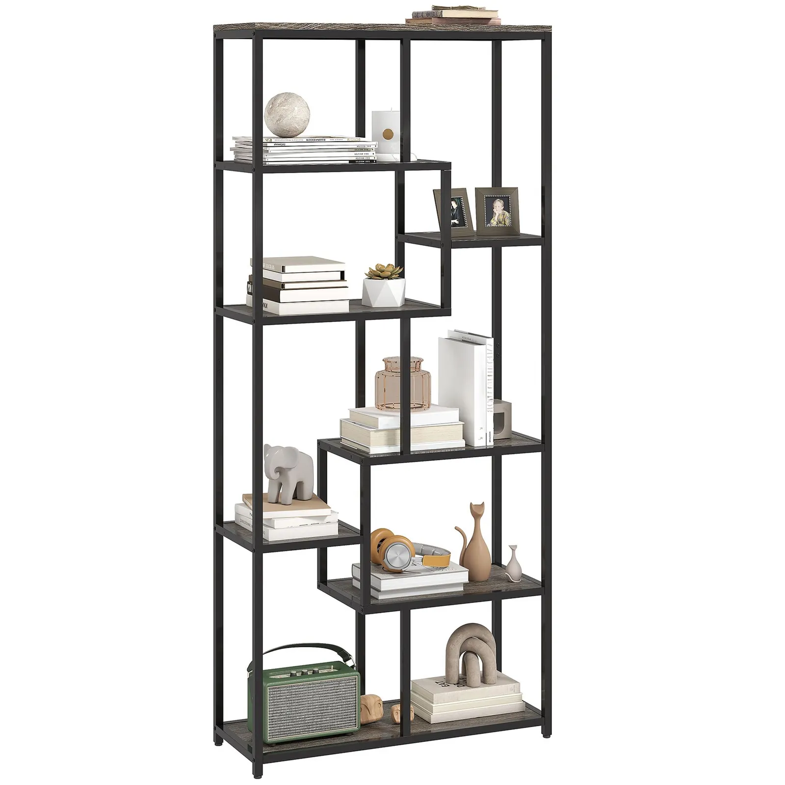 HOMCOM Industrial Bookcase 7-Tier Bookshelf Shelving Unit Grey Black 2