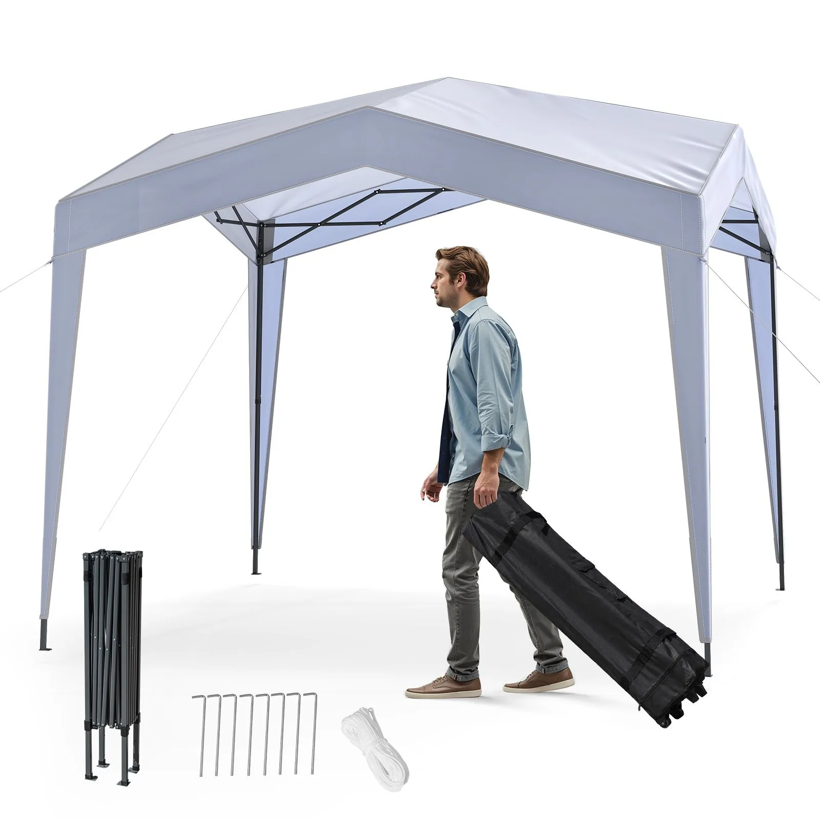 Costway 302 x 302 cm Pop up Canopy Tent with Portable Wheeled Bag & 8 Stakes in White