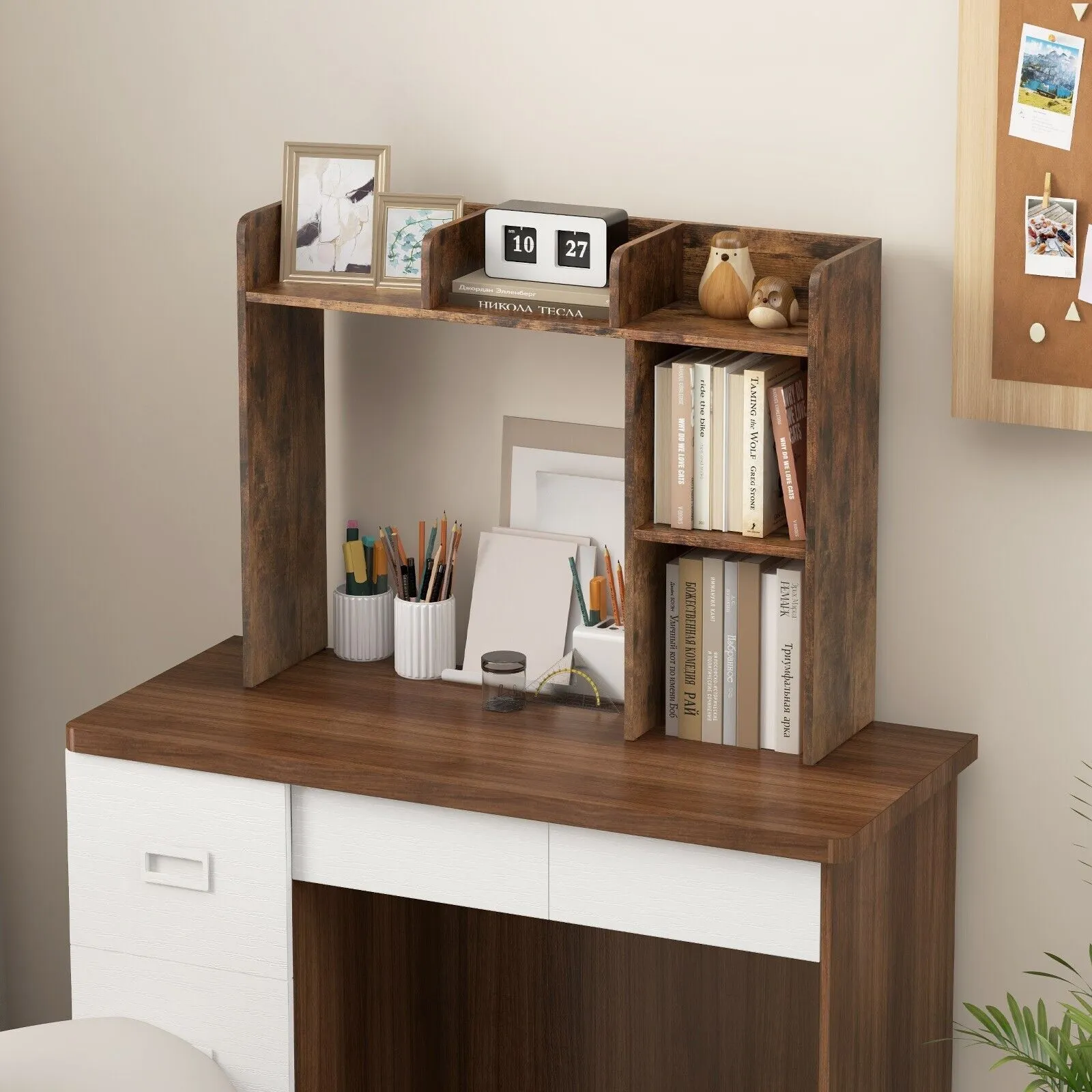 Costway 3-Tier Desk Bookshelf Wooden Home Display Shelf Multipurpose Storage Organizer in Brown 3