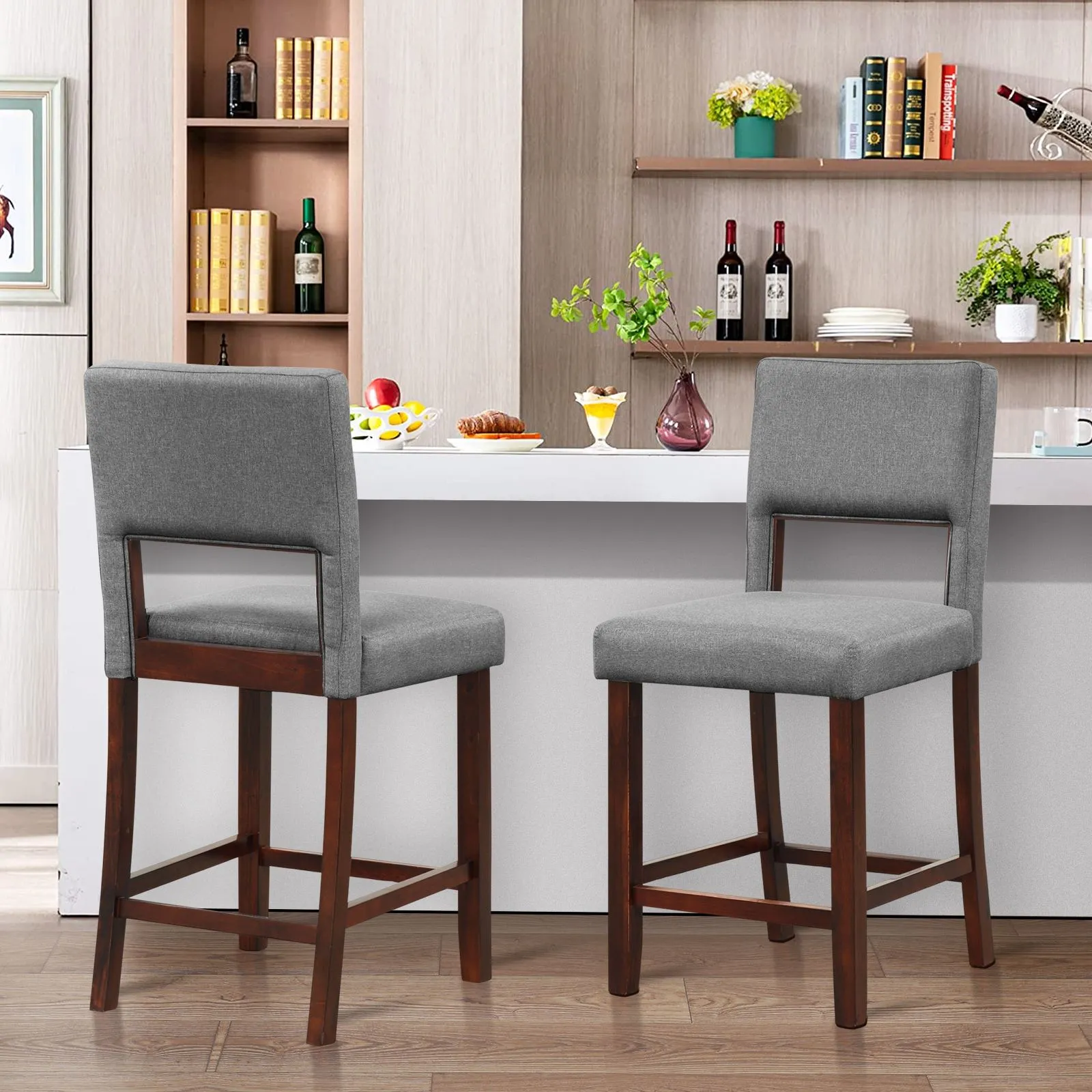 Costway Set of 2 Bar Stools Linen Counter Height Chair Upholstered Kitchen Island Stool in Grey 3