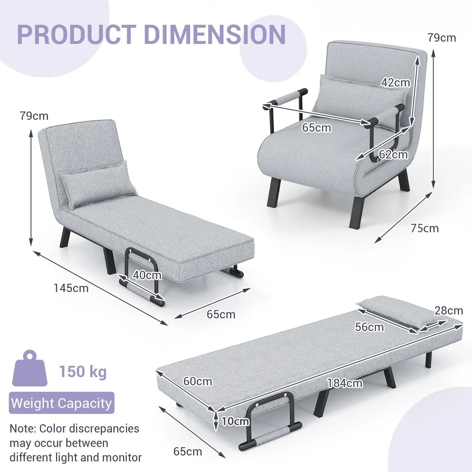 Costway Convertible Single Folding Sofa Bed Sleep Chair with 6 Positions Adjustable Backrest Light Grey 2