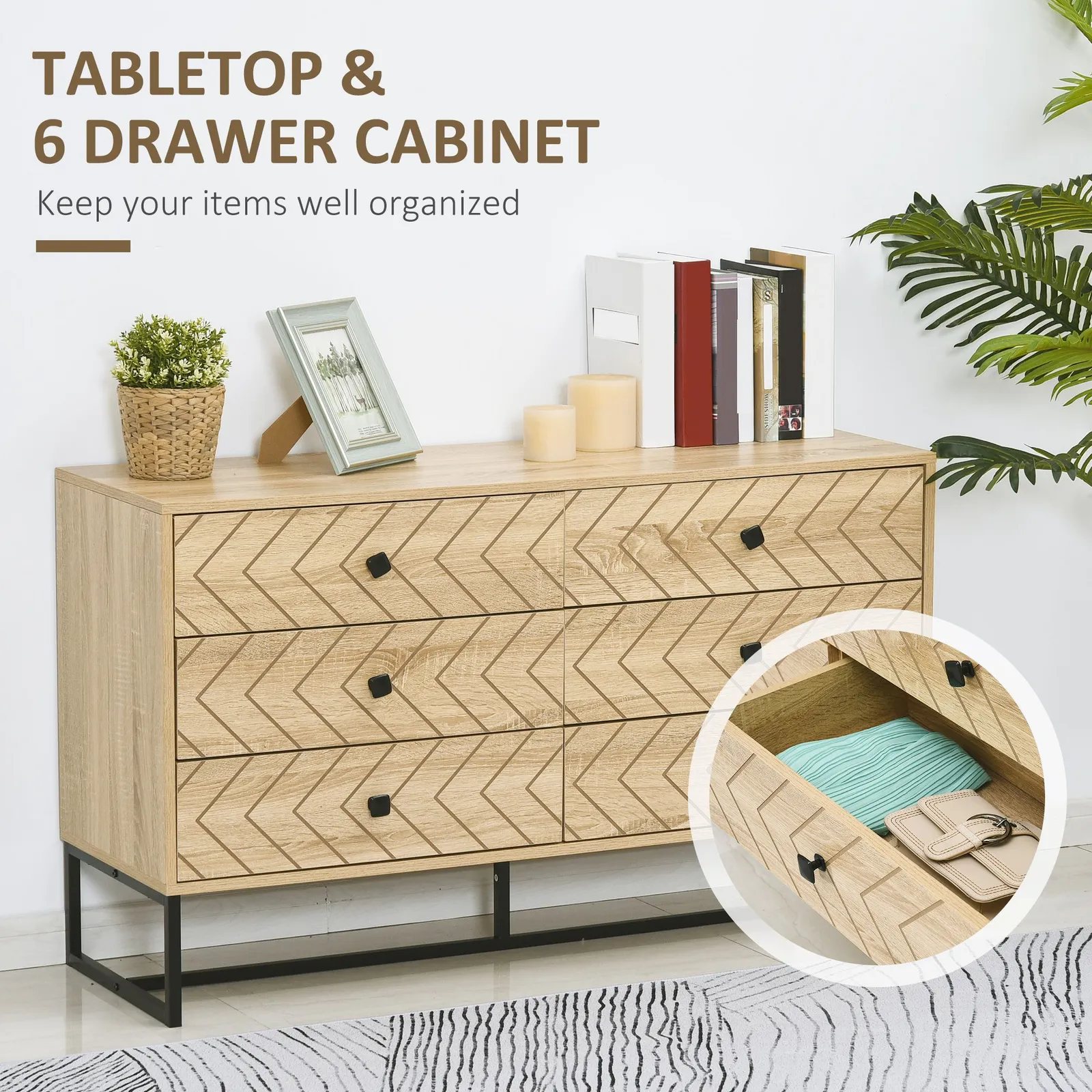 HOMCOM Chest Of 6 Drawers Sideboard Cabinet Storage Unit Bedroom Wood in Light Brown 4