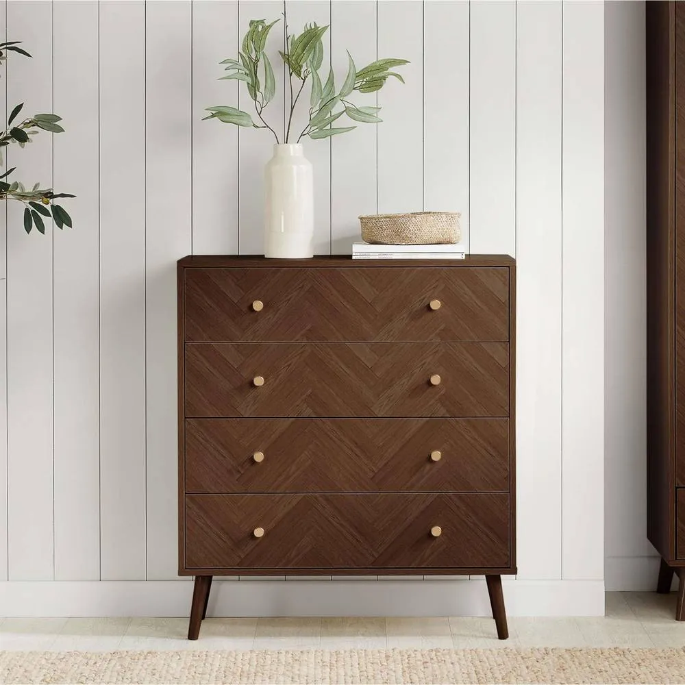 Birlea 4 Drawer Walnut Chest Herringford Chevron Parquet in Brown