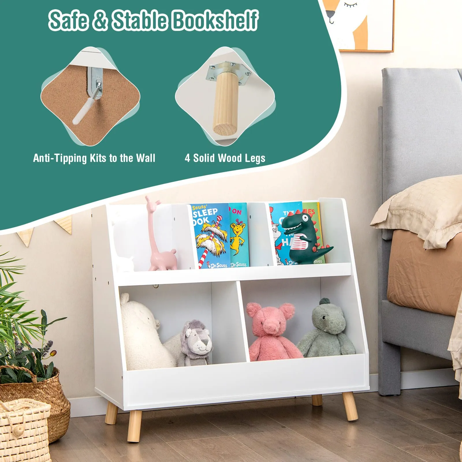 Costway 5Cube Bookshelf & Toy Organizer Wooden Storage Bookcase w/ Wood Legs in White 6