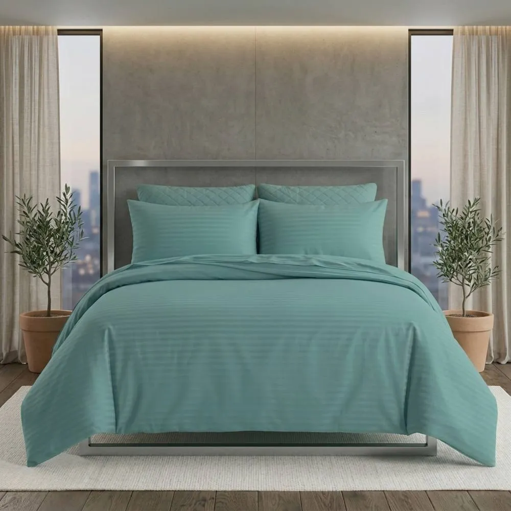 Snug City Luxury Satin Stripe Duvet Cover Set T250 Cotton Rich Soft Bed Linen in Aqua