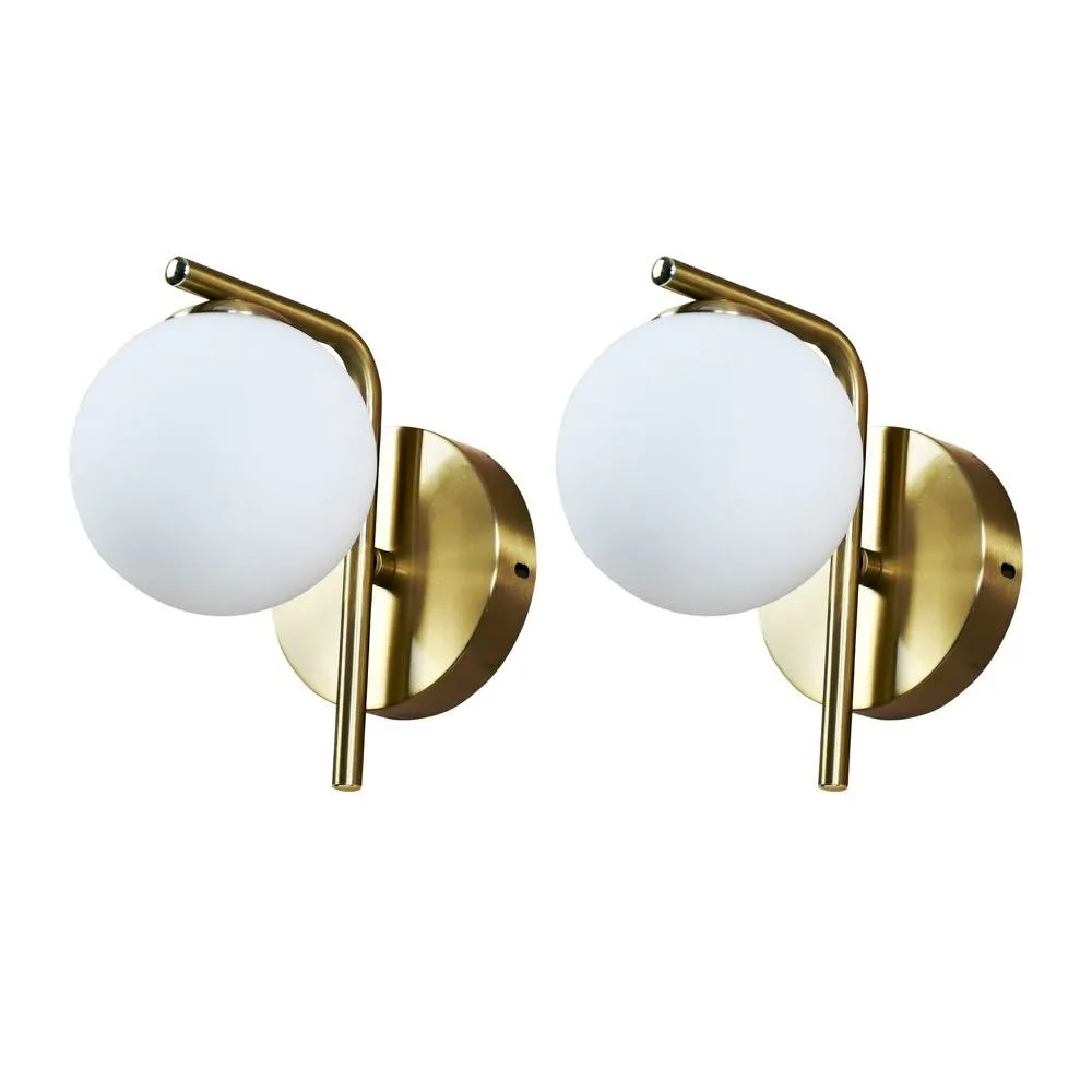 First Choice Lighting Set of 2 Grosvenor - Satin Brass Wall Lights with Glass Globes in Gold