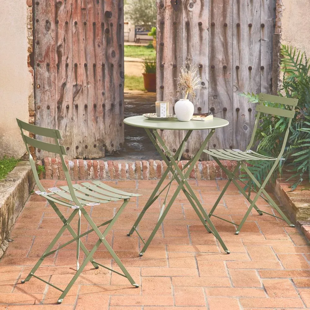 sweeek Round folding metal bistro garden table with 2 chairs in Light Green 1