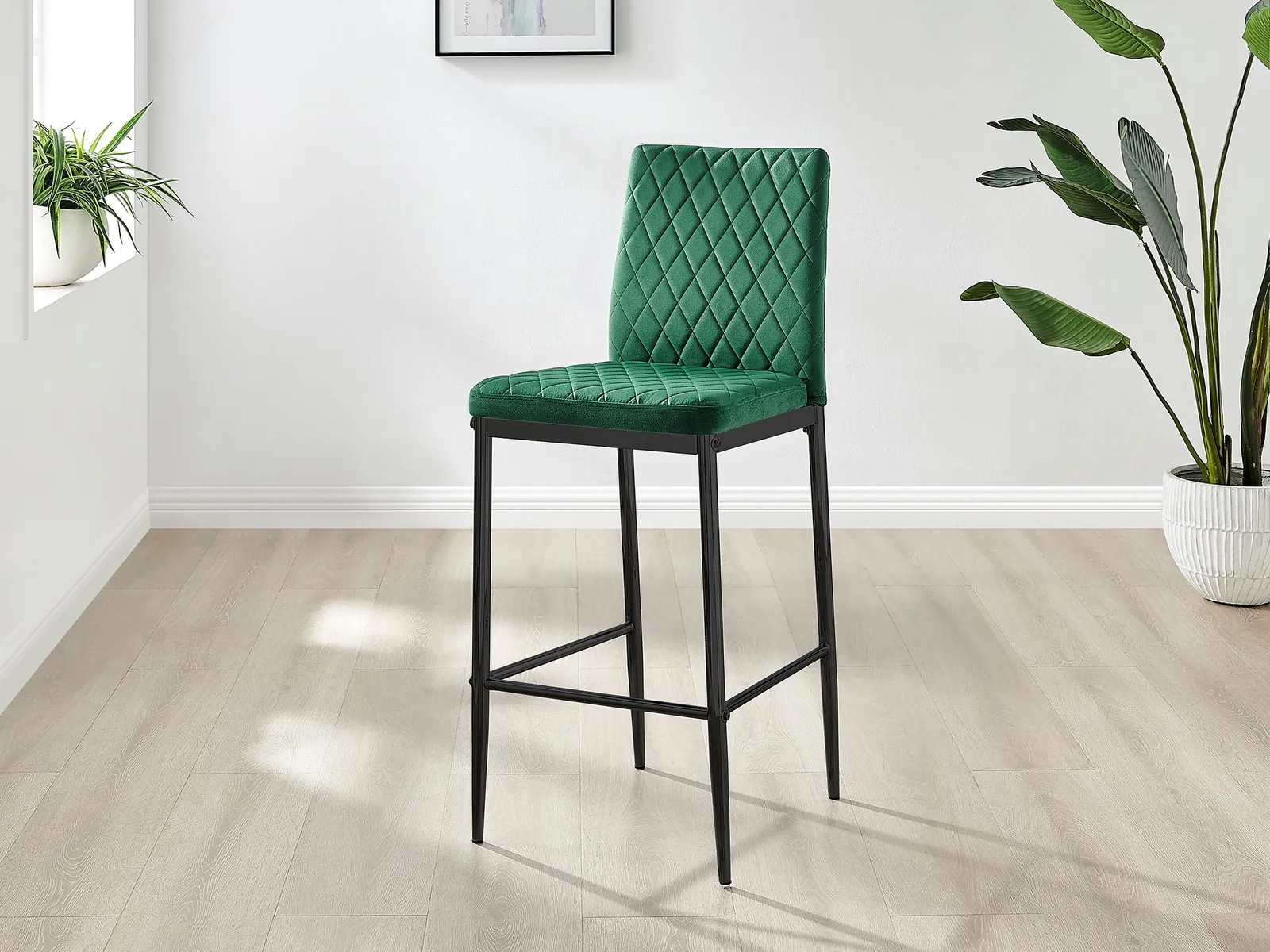 FurnitureboxUK Set of 2 Milan Soft Touch Hatched Velvet Padded Counter Stools With Black Metal Legs in Green 2