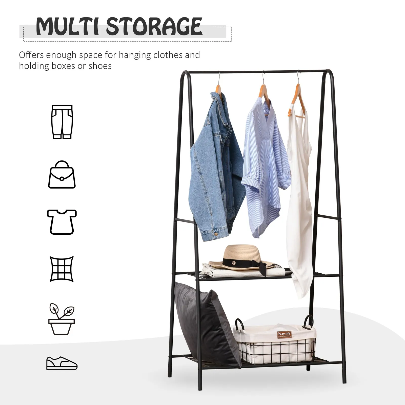 HOMCOM A Shaped Clothes Rack Garment Hanger Stand Hanging Rail 2-tier Shelving Metal in Black 4