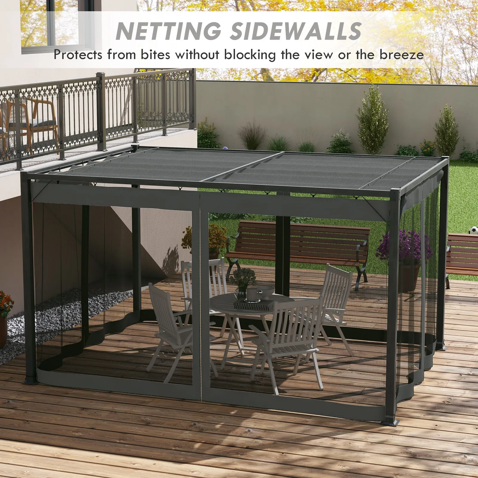 OUTSUNNY Pergola with Retractable Roof & Netting, Dark Grey 6