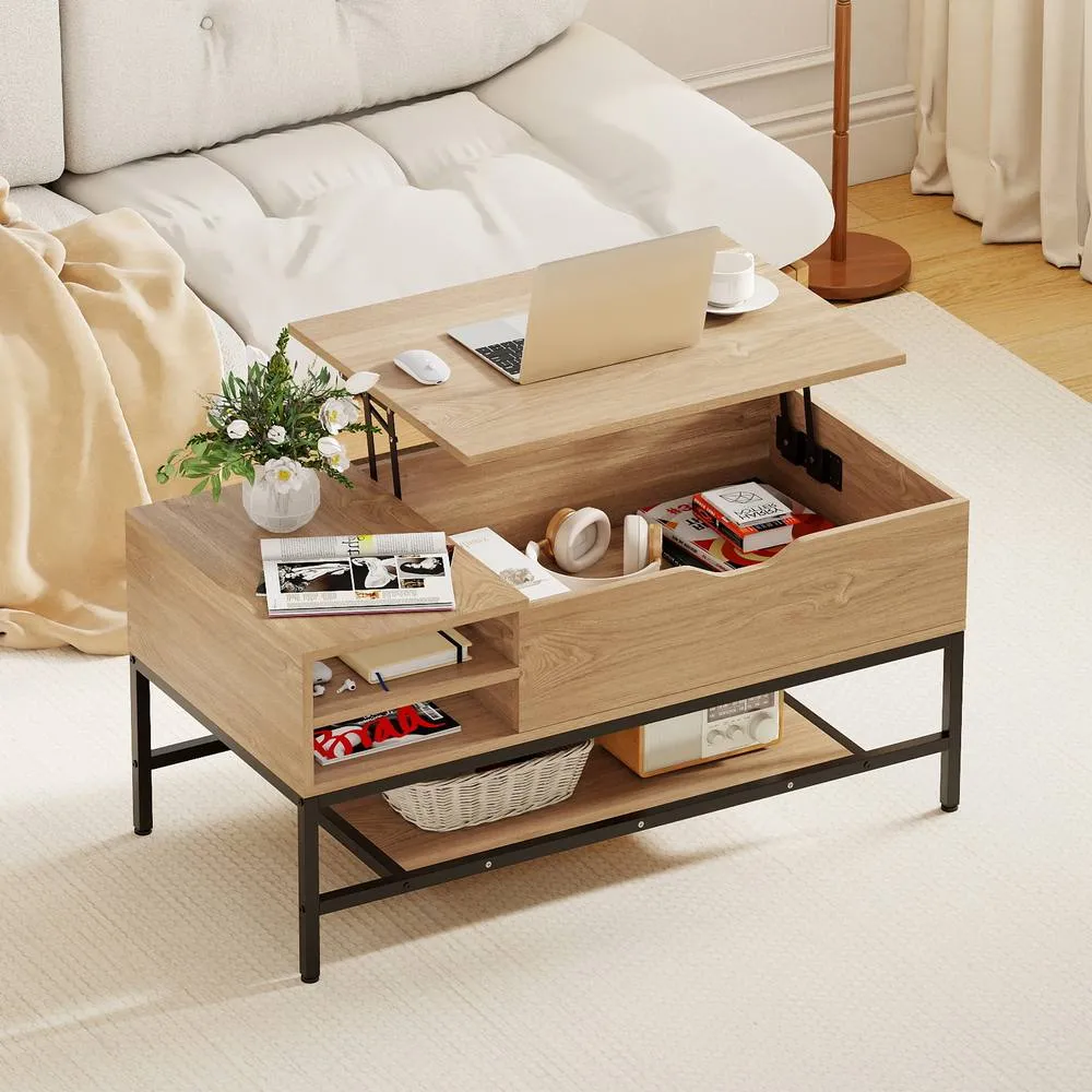 Costway Lift Top Coffee Table Living Room Table w/ Storage Shelf in Natural 5