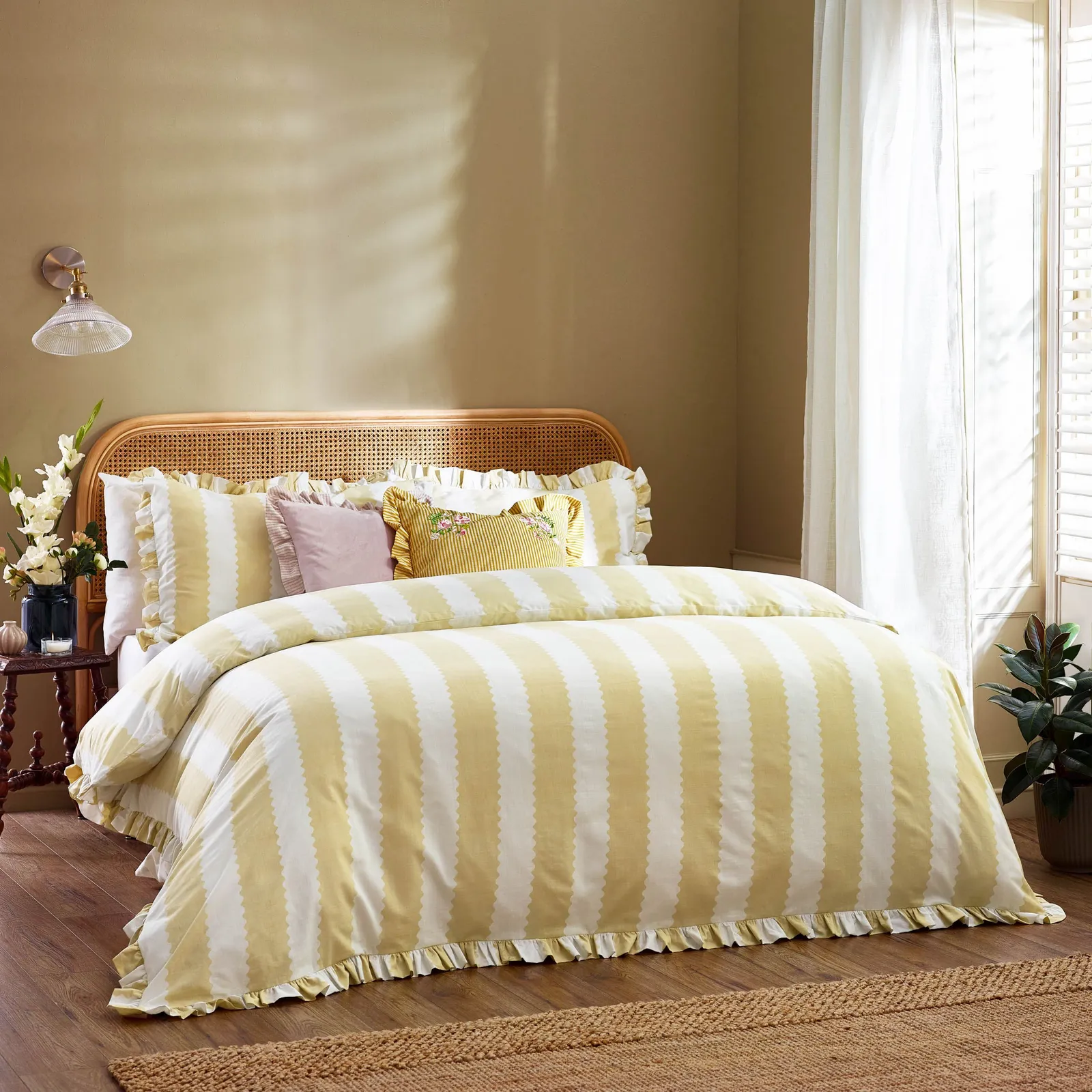 Wylder Birdie Stripe Ruffle Duvet Cover Set in Bright Yellow 1