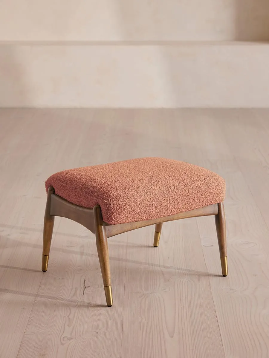 Theodore Oak Footstool, Textured Wool Boucle, Coral