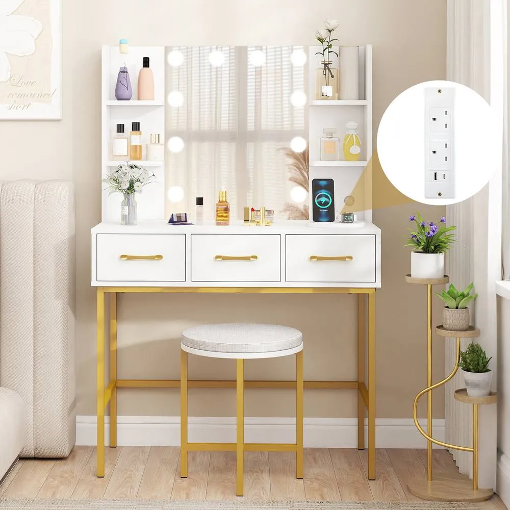 Costway Makeup Dressing Table & Cushioned Stool Set with Mirror & Lights in White 3