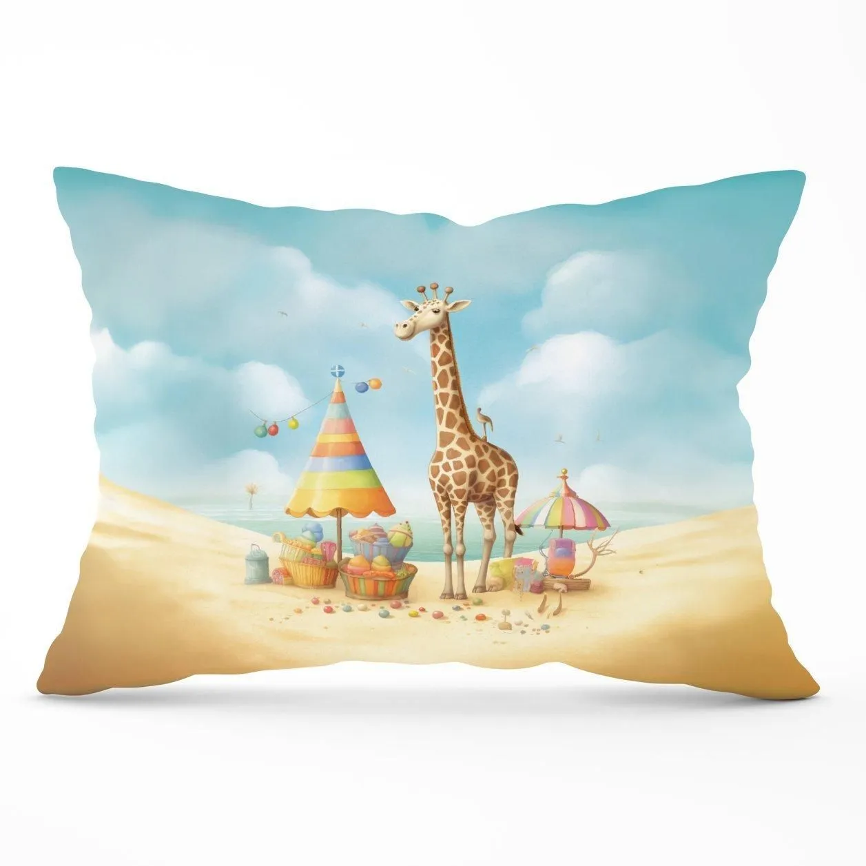 Warren Reed - Designer Giraffe On A Beach Holiday Cushions in Yellow