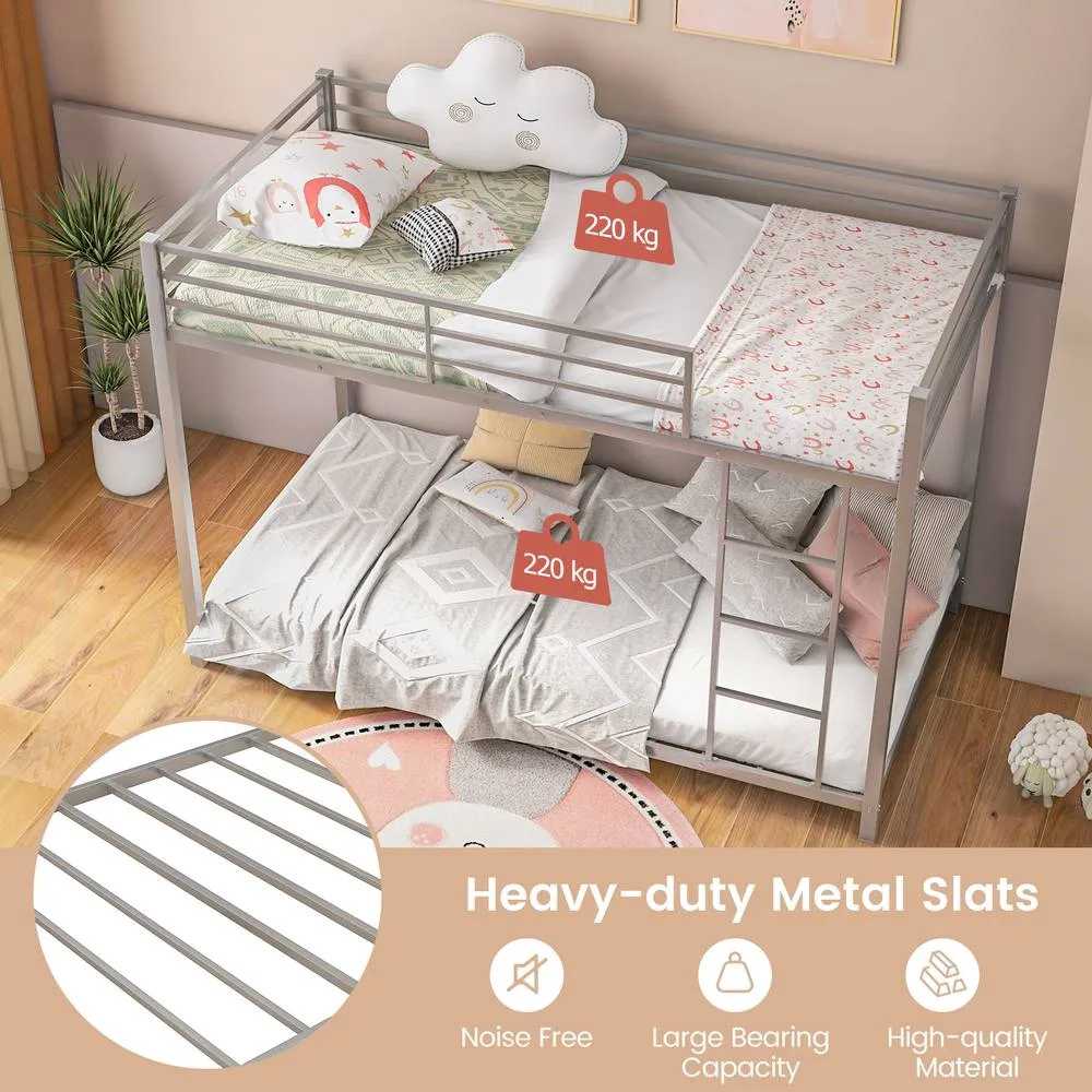 Costway Single Metal Bunk Bed Floor Bed Frame w/Ladder &Full-length Guardrails in Silver 6