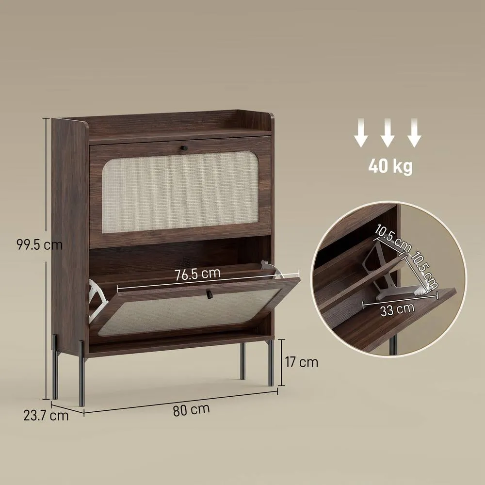 HOMCOM Boho Narrow Shoe Cabinet, Shoe Rack with 2 Flip Drawers in Dark Brown 3