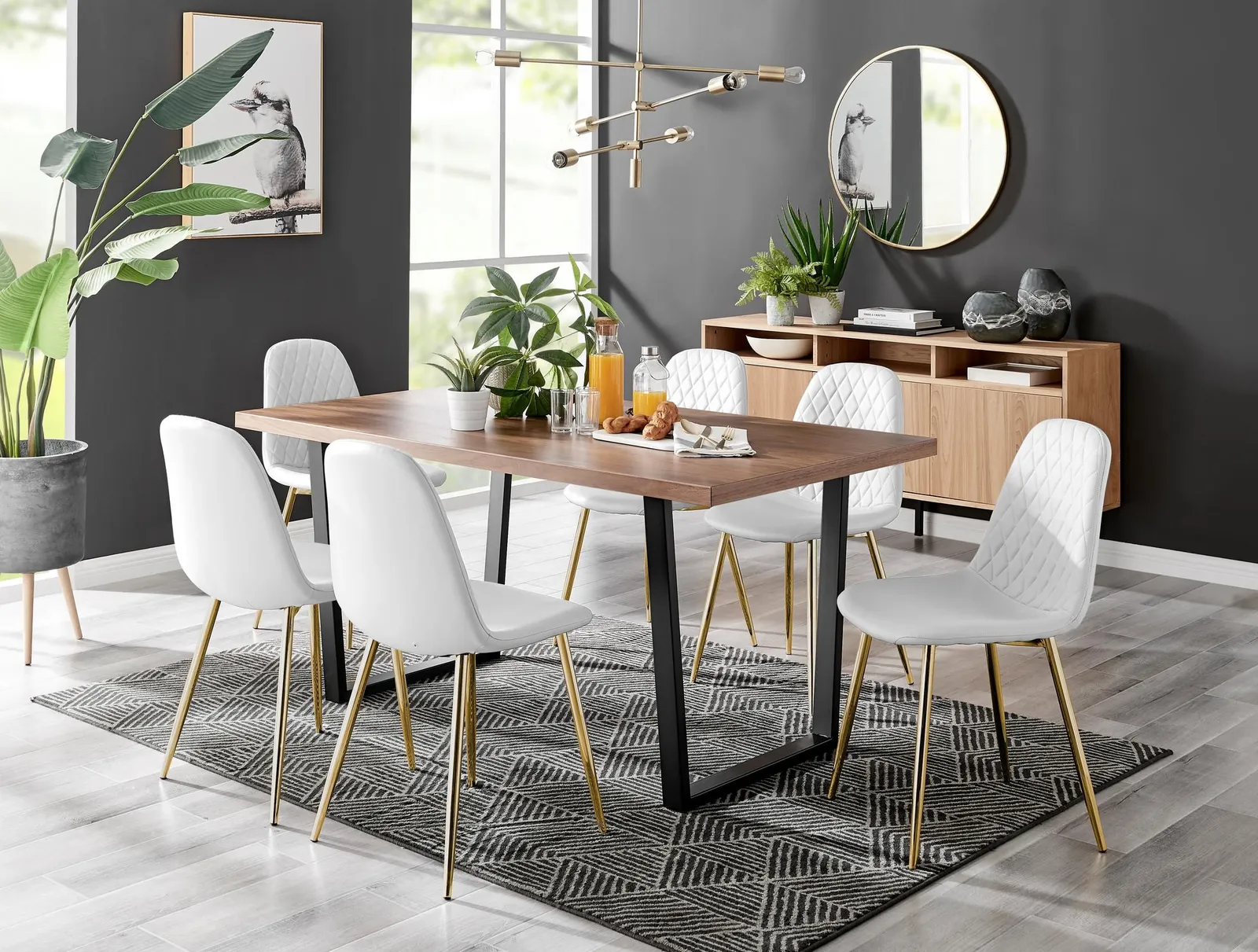 FurnitureboxUK Kylo Large Brown Wood Effect Dining Table & 6 Corona Gold Leg Faux Leather Chairs in White 1