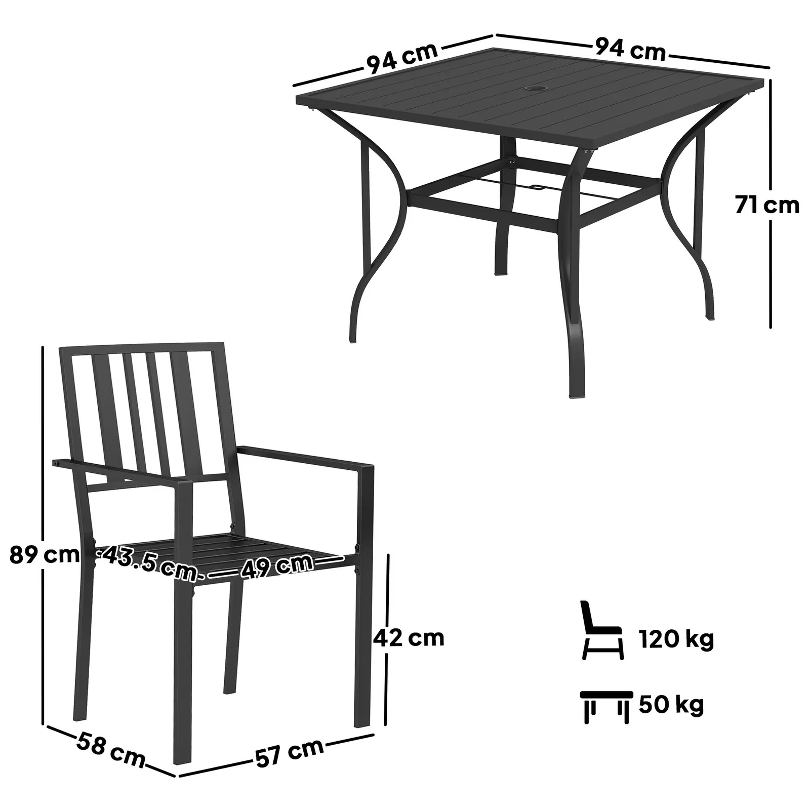 OUTSUNNY Garden Dining Set w/ 4 Stackable Cushioned Chairs & Metal Top Table in Black 3