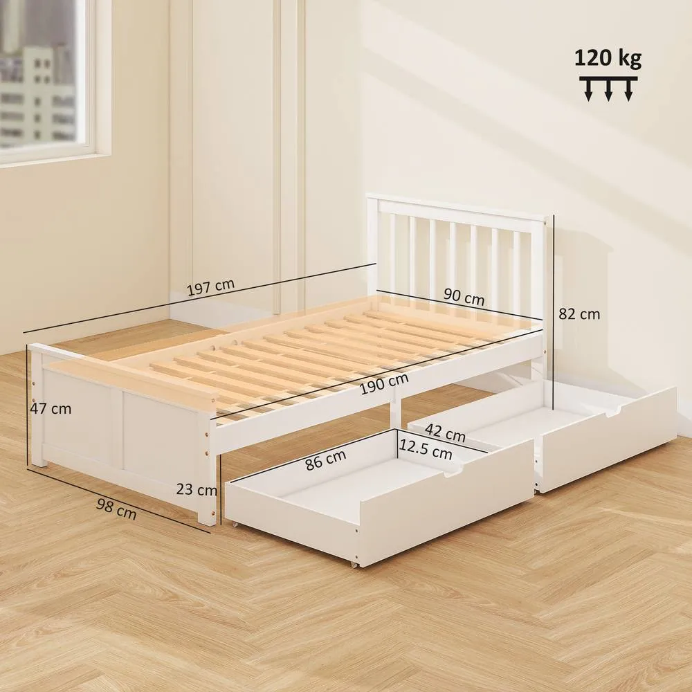 HOMCOM Storage Bed with 2 Drawers, Pine Wood Bed Frame, 90 x 190 cm, White 3