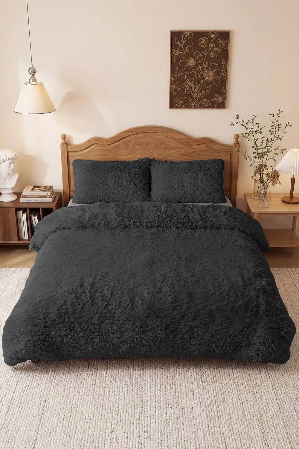 Living and Home 3Pcs Soft Skin-friendly Faux Mink Fleece Duvet Set in Dark Grey