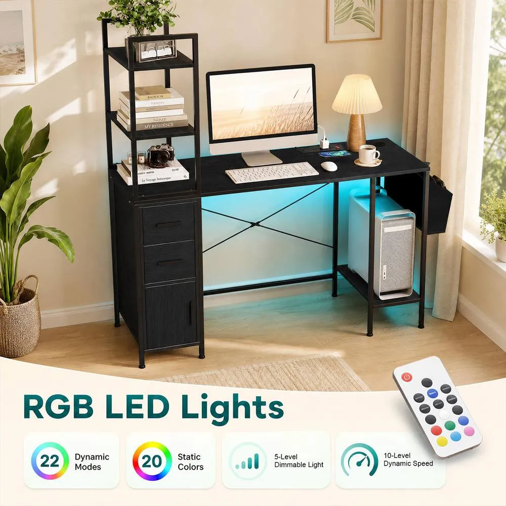Costway Office Desk with LED Lights & Power Outlets Black Computer Desk with Shelf 6