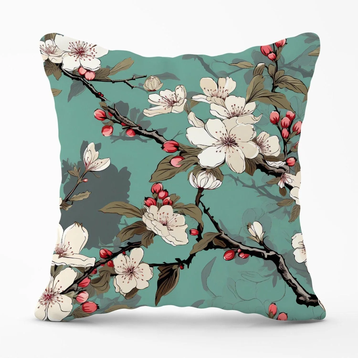 Warren Reed - Designer Pink Blossom Asian Design Outdoor Cushion in Green