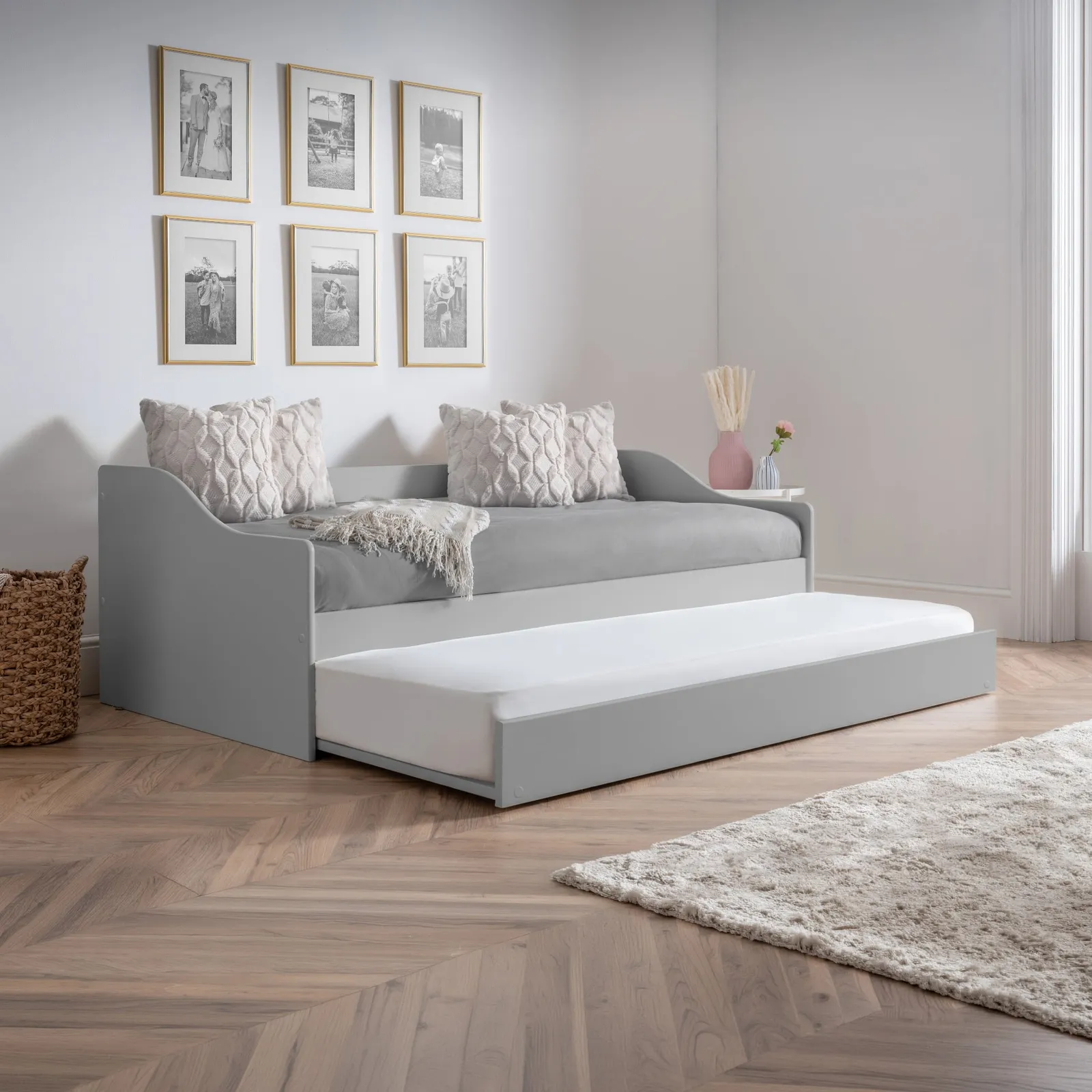 Elba - Single - Day Bed - Guest Bed Trundle - Light Grey - Wooden - 3ft - Happy Beds