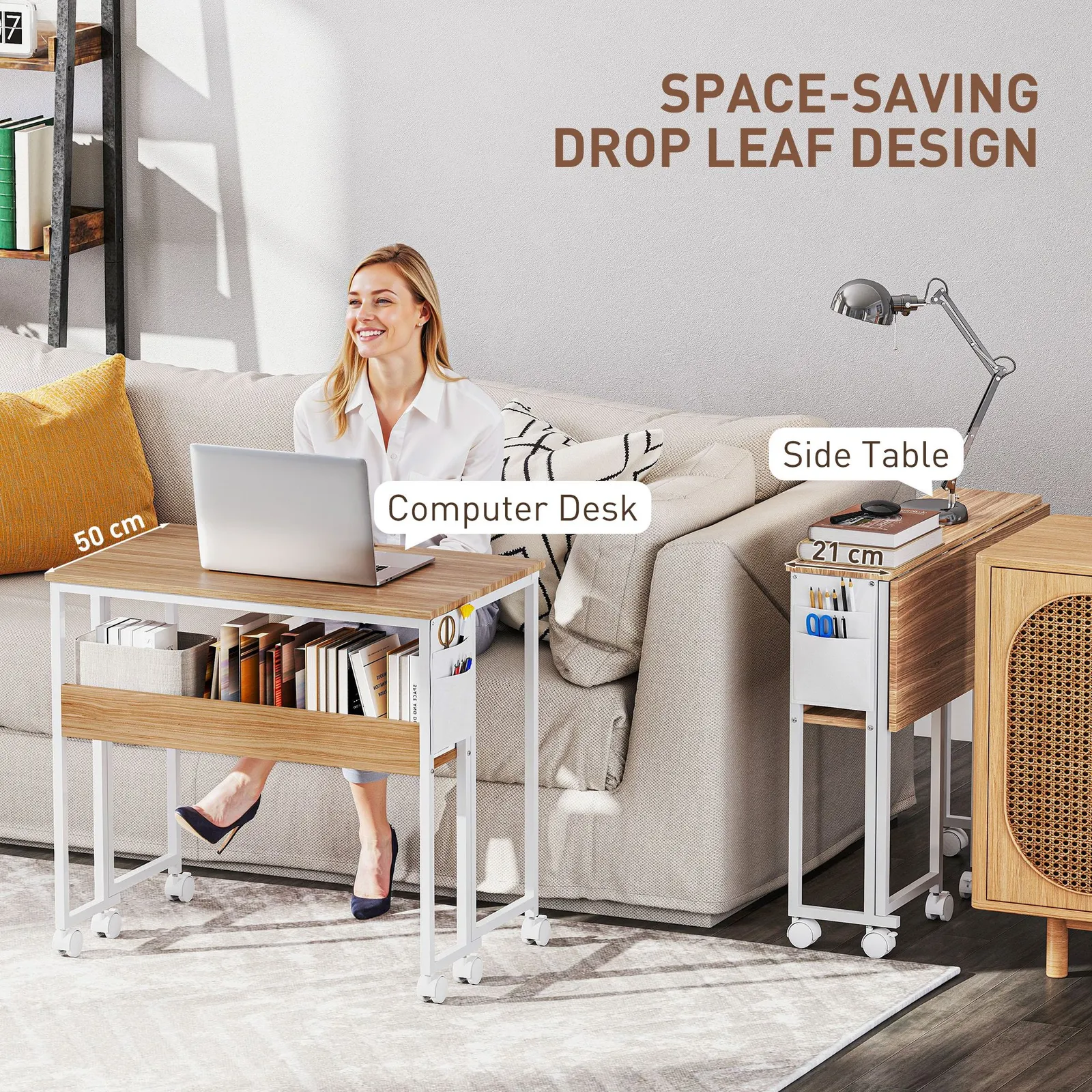 HOMCOM 80 cm Foldable Computer Desk on Wheels for Small Spaces Natural 4