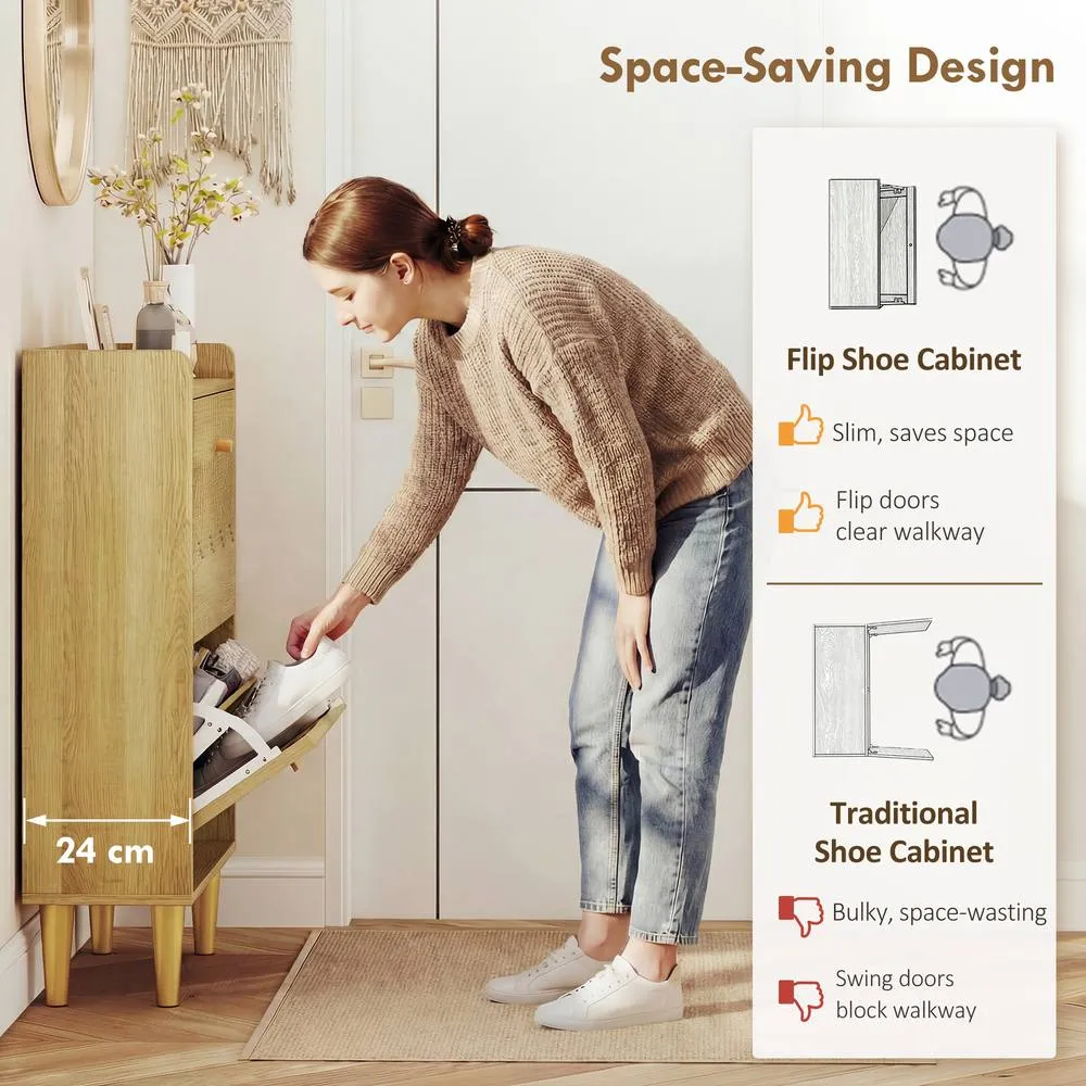 HOMCOM Narrow Shoe Cabinet, Shoe Storage Cabinet with 2 Flip Drawers, Oak in Natural 4