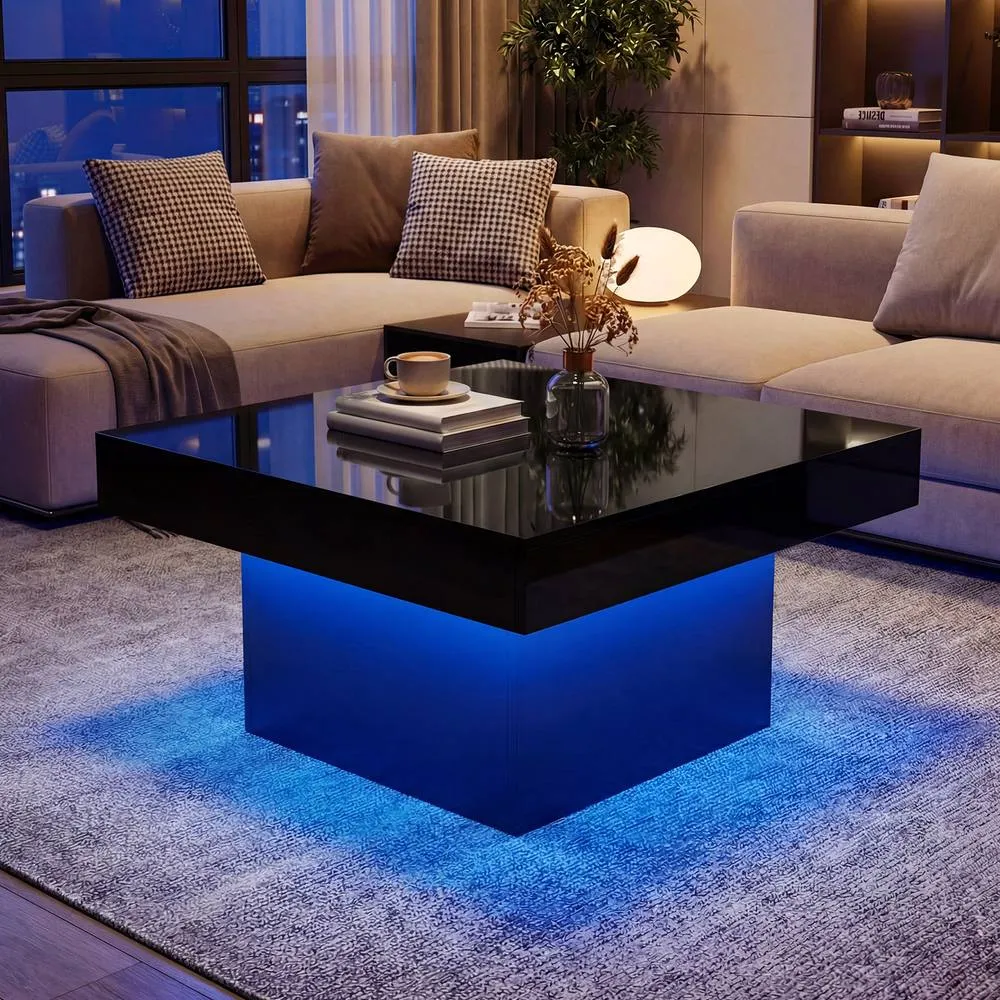 Costway Coffee Table Square Center Table with LED Lights in Black 5