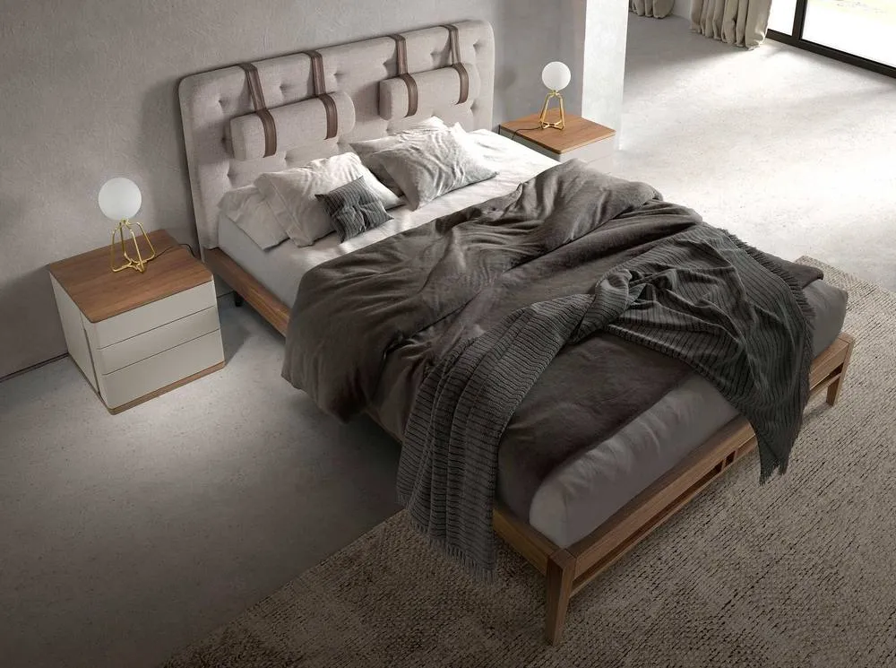 Angel Cerda Grey Tufted Fabric Double Bed with Walnut-Veneer Legs 3