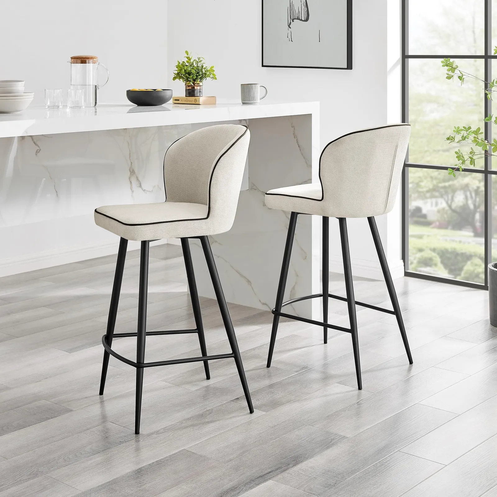 FurnitureboxUK Catriona Fabric Counter Stools Set of 2 in Cream