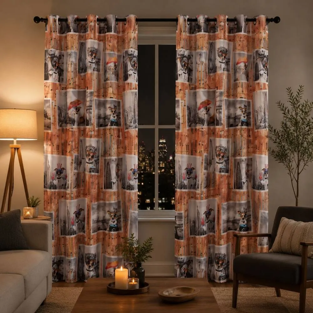 Smart Living Selfie Animal Curtains Pair with Tie Backs - Dog Urban Print 2