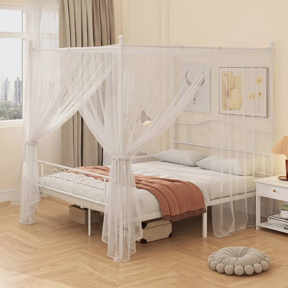 HOMCOM Canopy Bed Frame King Size, Metal Platform Bed Frame, White 2