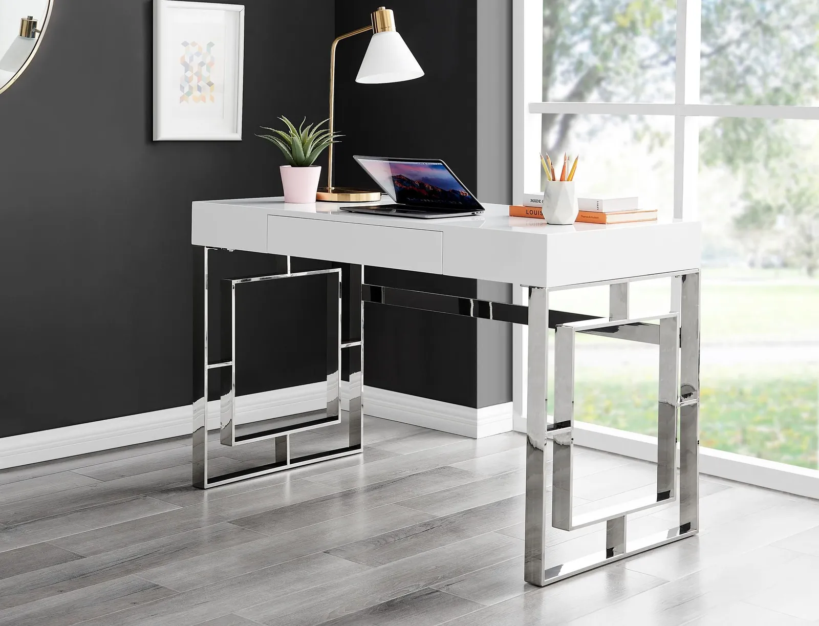 FurnitureboxUK Cambridge Velvet & Chrome Dressing Table & Stool Set in Navy 3