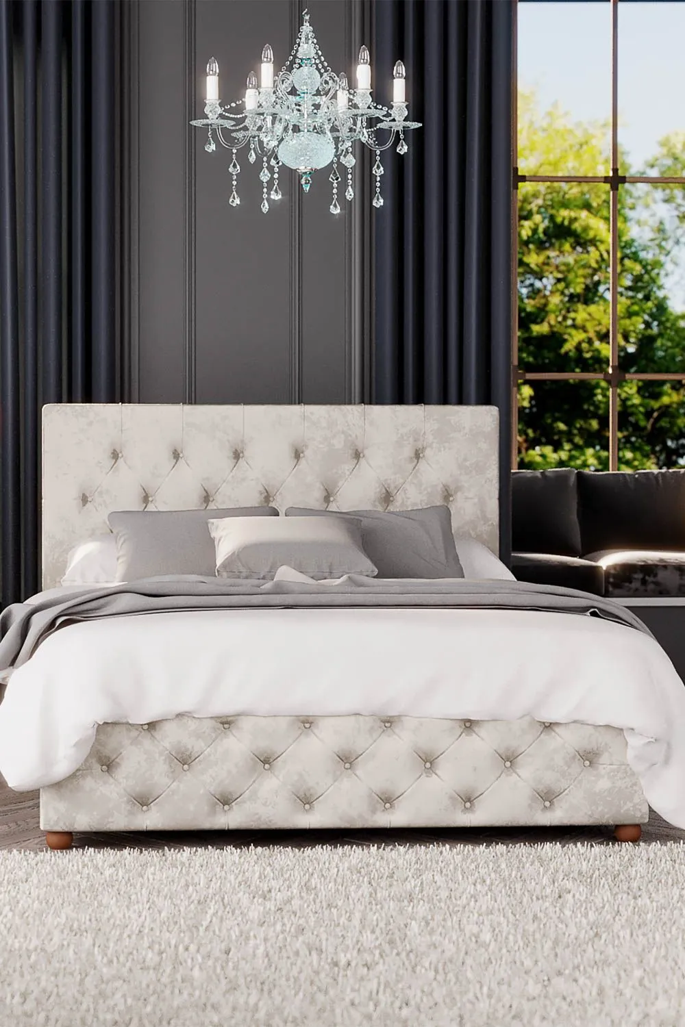 Laurence Llewelyn-Bowen Luna Ottoman Storage Bed in Mirazzi Velvet Fabric, Custom Made in Ivory