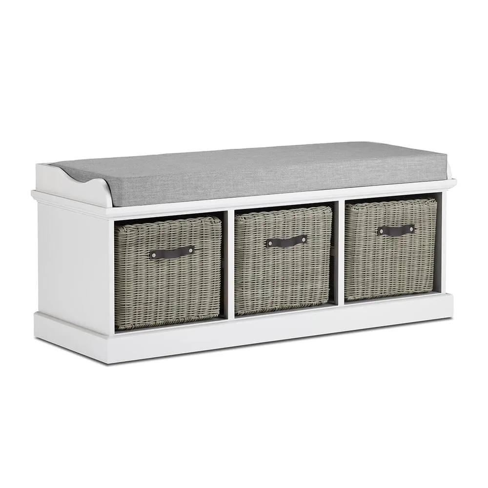 Statement Furniture Tetbury Bench with 3 Grey Faux Rattan Baskets & Grey Cushion in White 2