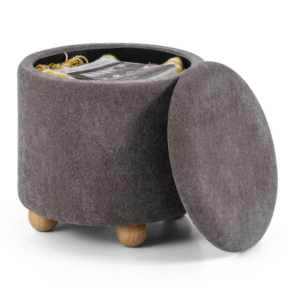 Costway Round Storage Ottoman Chenille Fabric Footrest Stool w/ Removable Lid in Grey 3