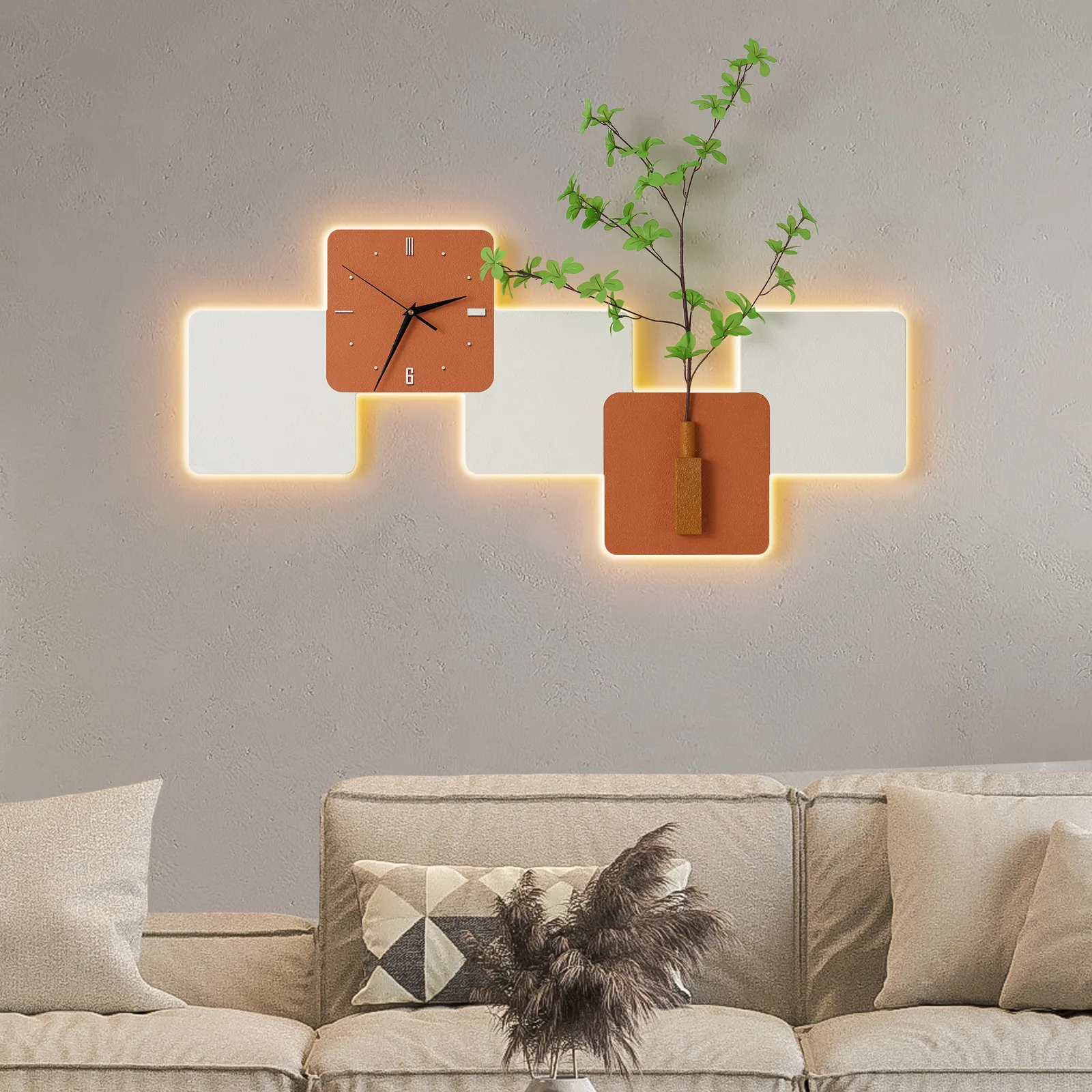 Modern LED Wall Clock with Faux Greenery – White & Orange, 1000mm x 450mm