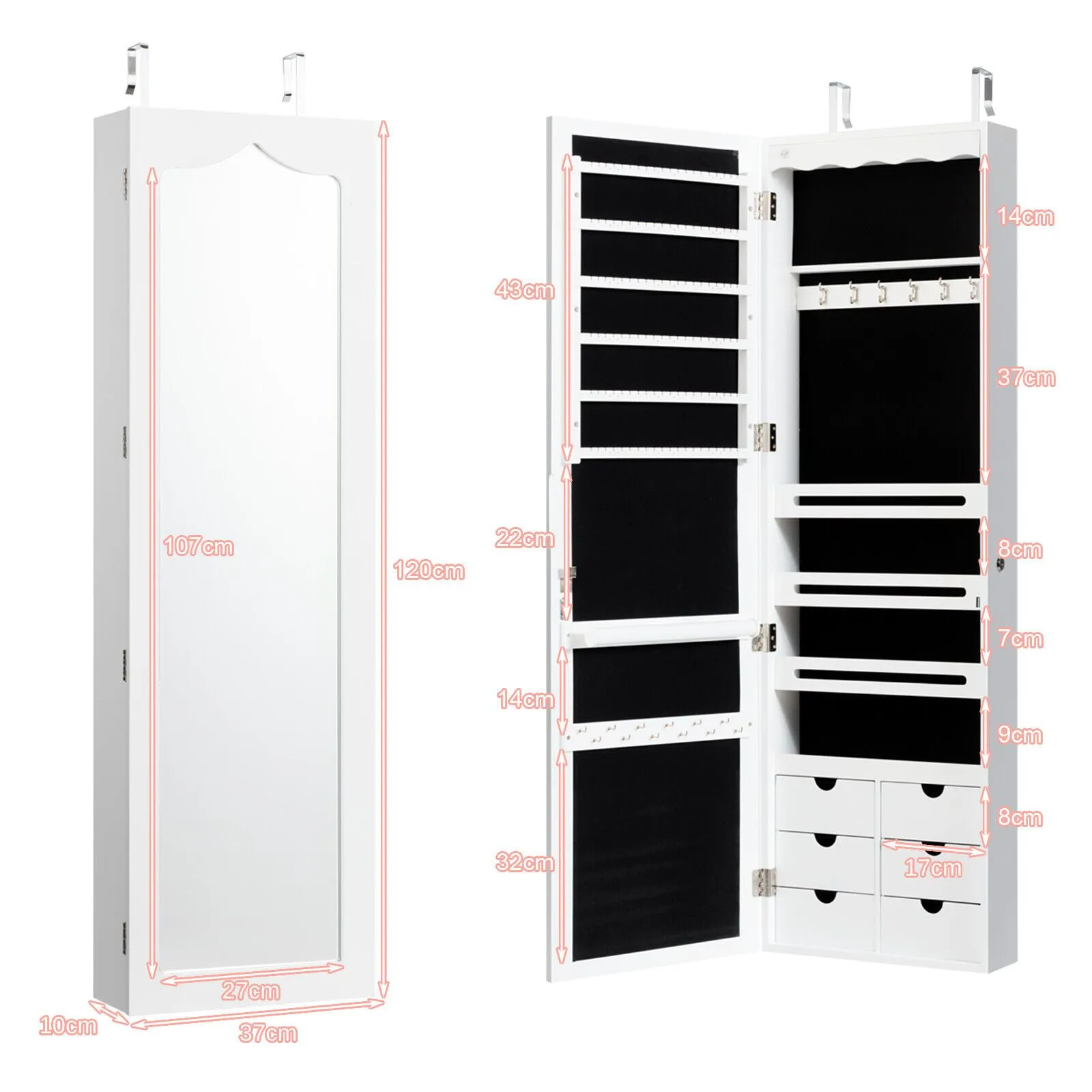 Costway Jewelry Cabinet 5 LED Lights Wall/Door Mounted Jewelry Armoire w/ Mirror in White 2