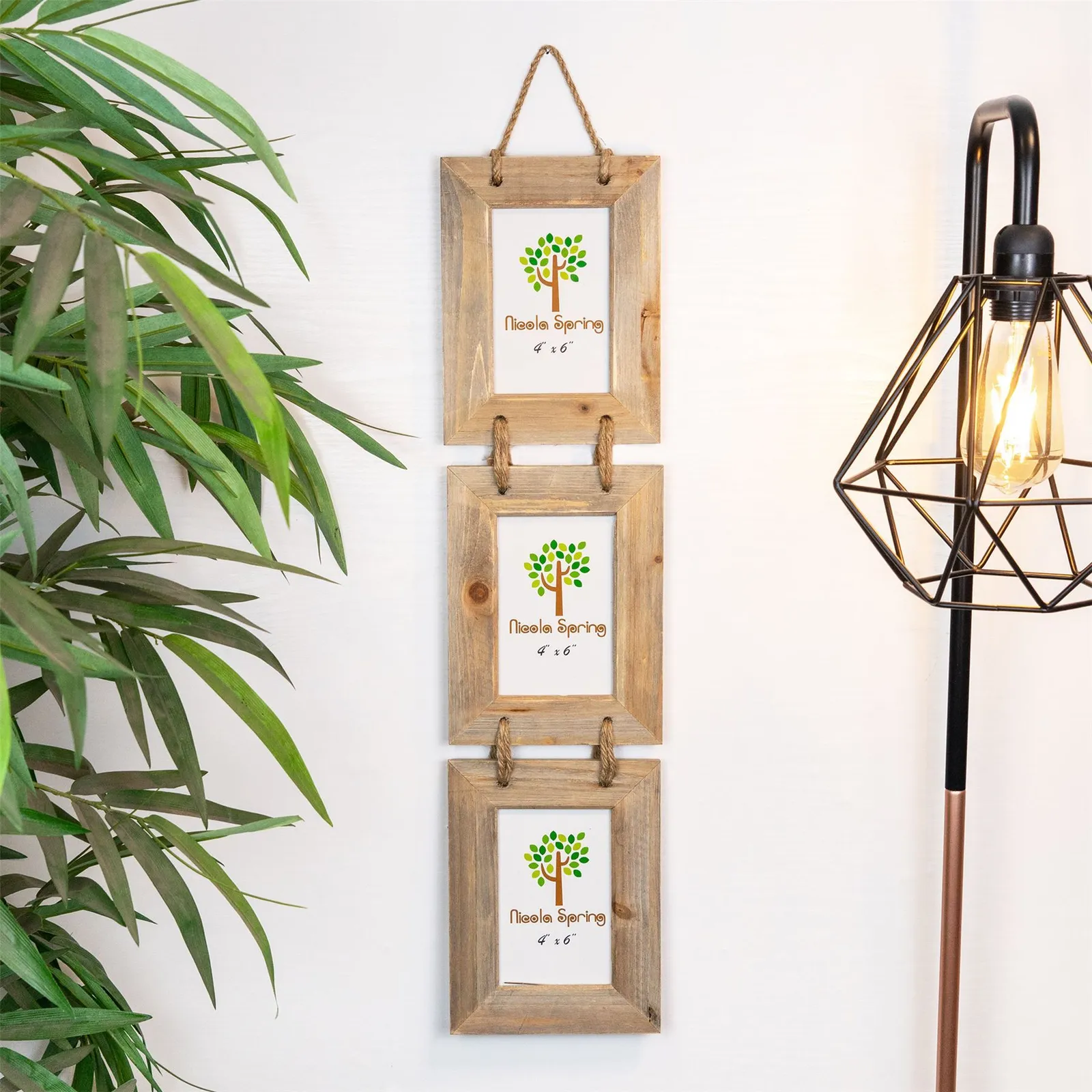 Nicola Spring Rustic Wooden Hanging 3 Photo Frames - 4 x 6" - Natural - Pack of 5 6