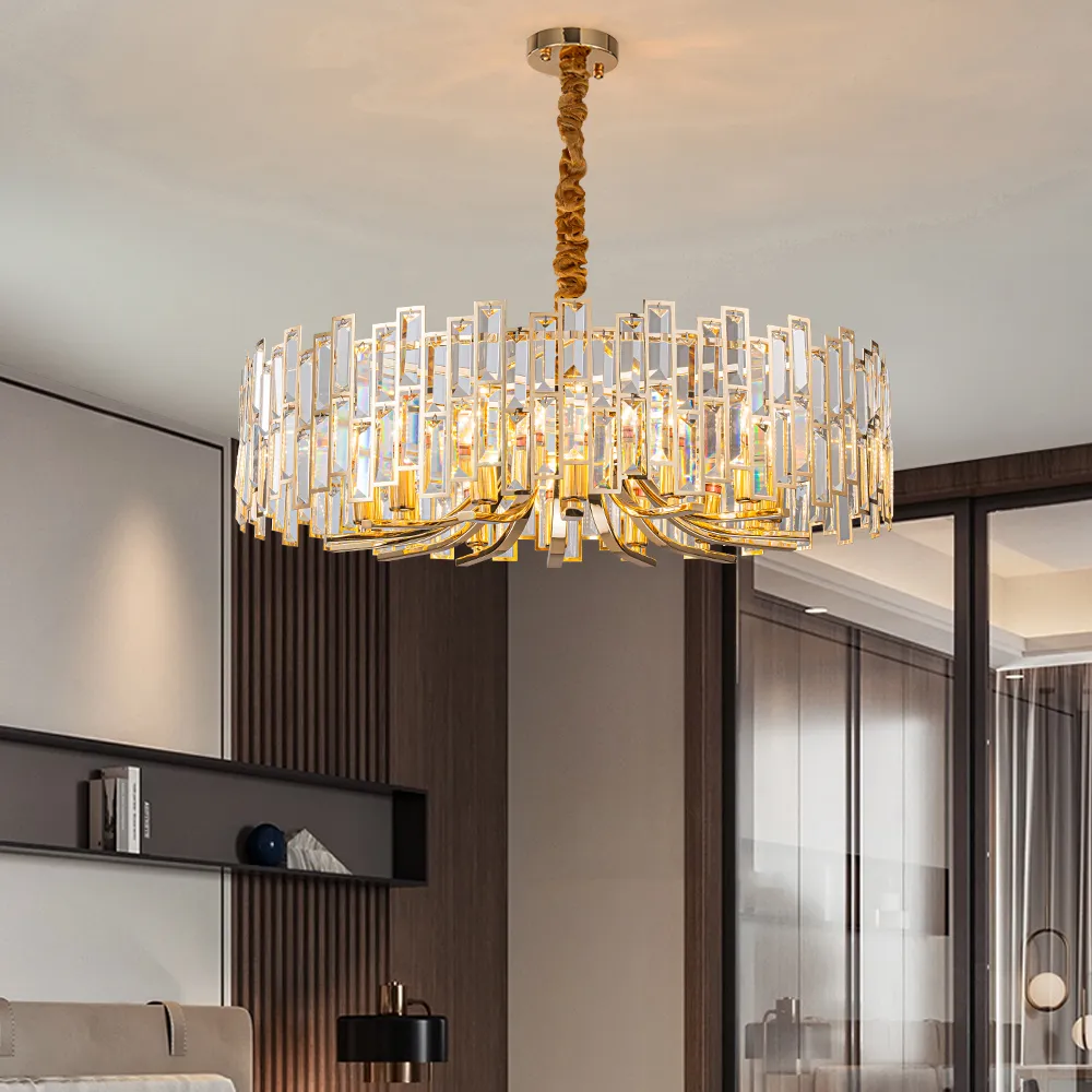 Clyvra Modern Geometric Crystal Chandelier 14-Light with Adjustable Chain in Gold