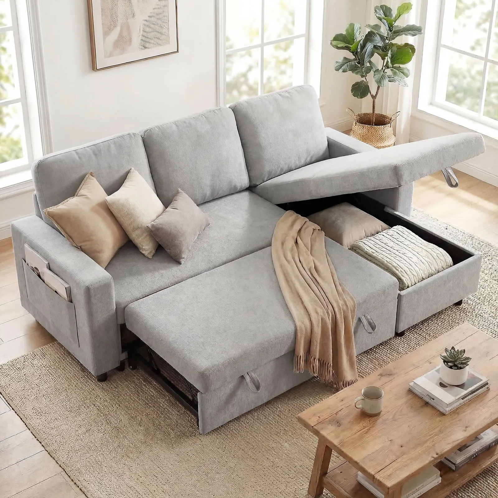 HOMCOM Pull Out Sofa Bed L Shape Corner Sofa w/ Reversible Chaise in Light Grey 2