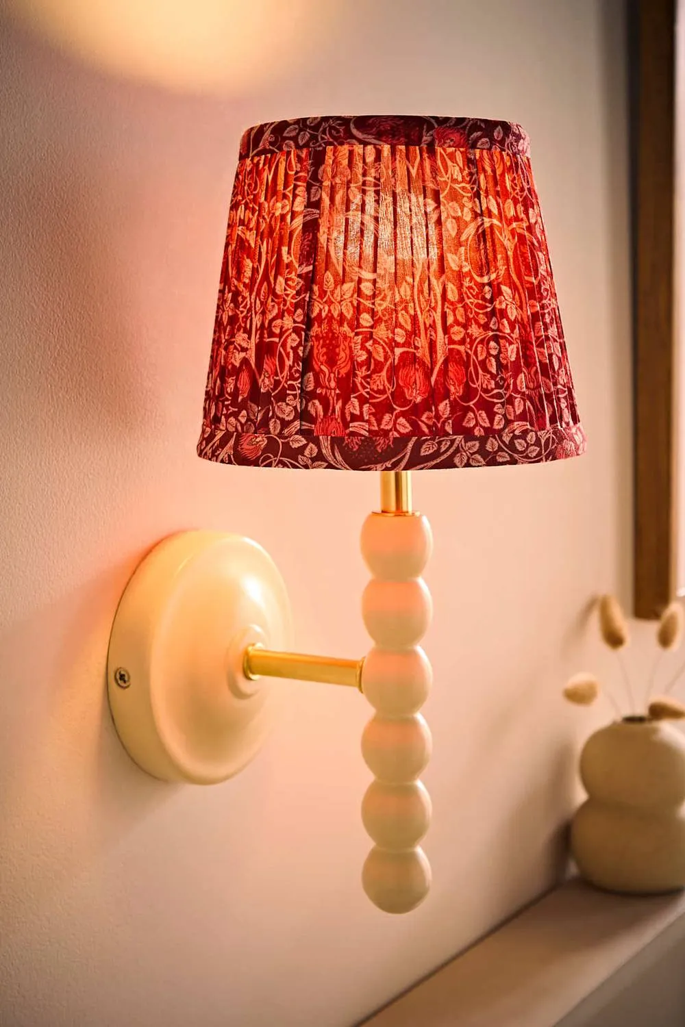 ValueLights Bobbins Pair Burgundy Floral Pleated Shade Wooden Bobble Wall Light in Cream 2