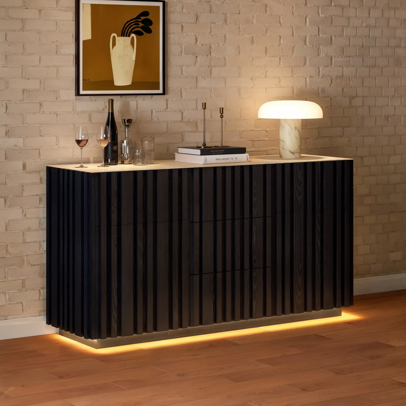 Aura 152 cm Faux Travertine Top Buffet Sideboard with Ash Wood Slatted Panels & Light