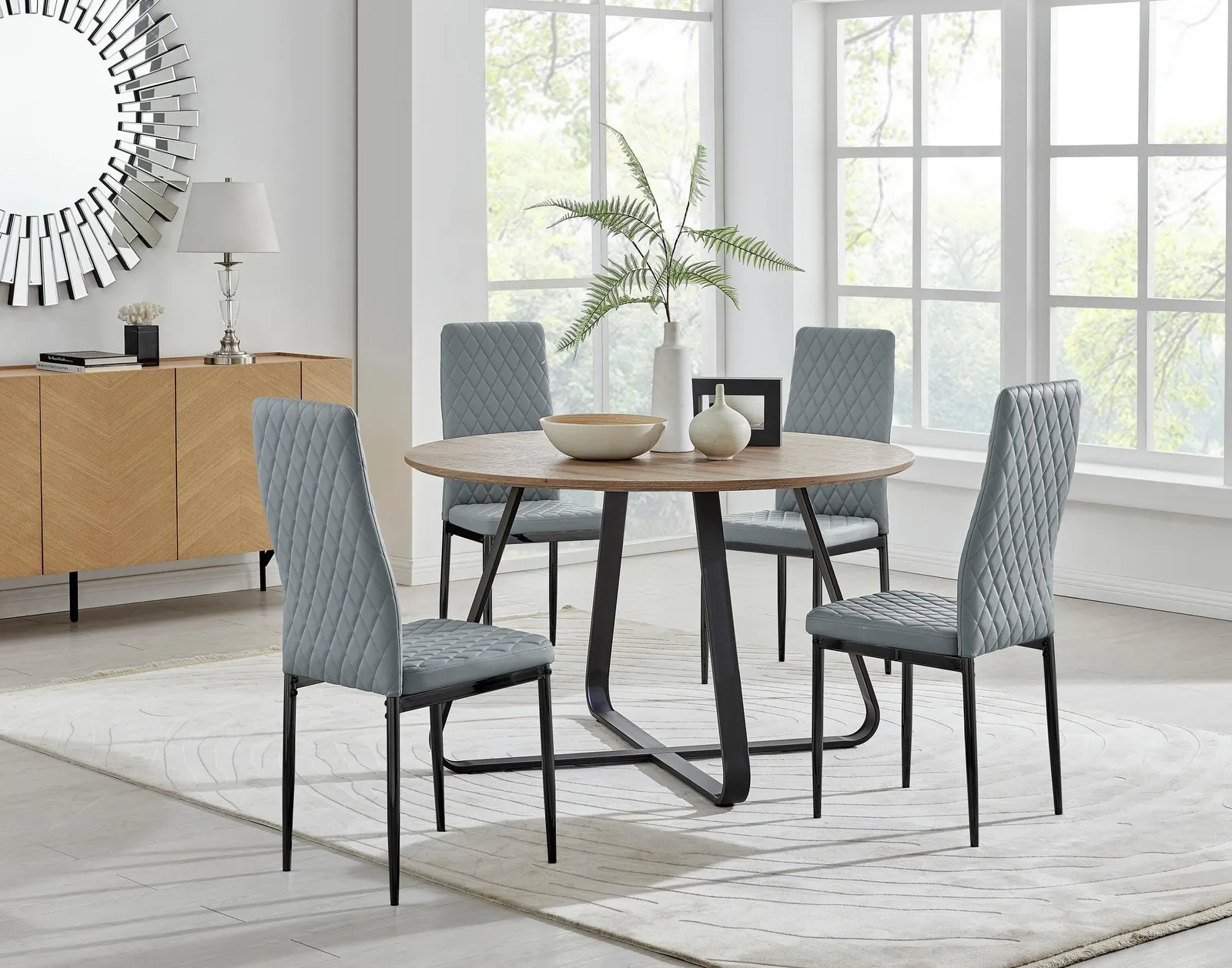FurnitureboxUK Santorini Brown Round Dining Table & 4 Milan Black Leg Chairs in Grey